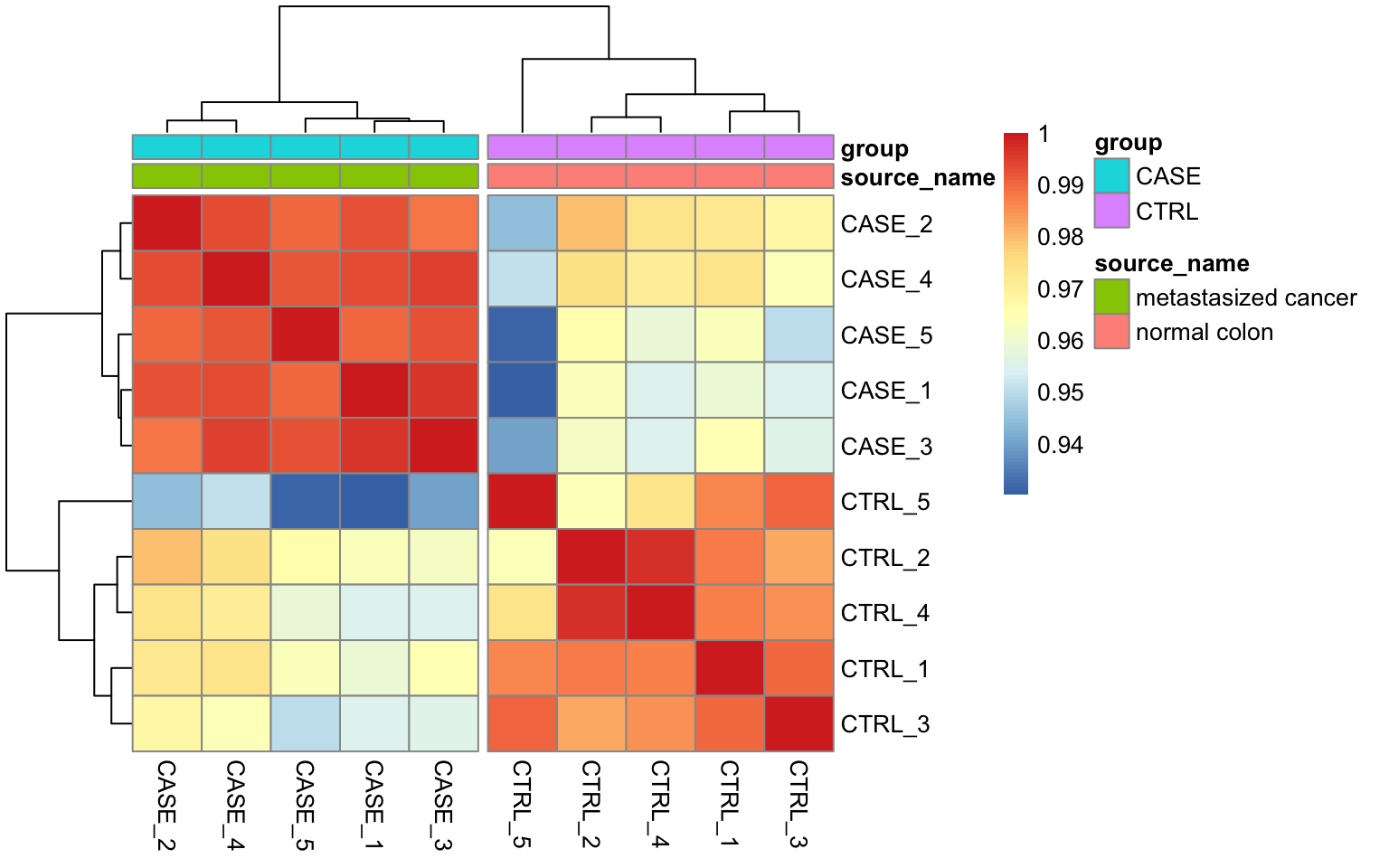 Pairwise correlation of samples displayed as a heatmap.