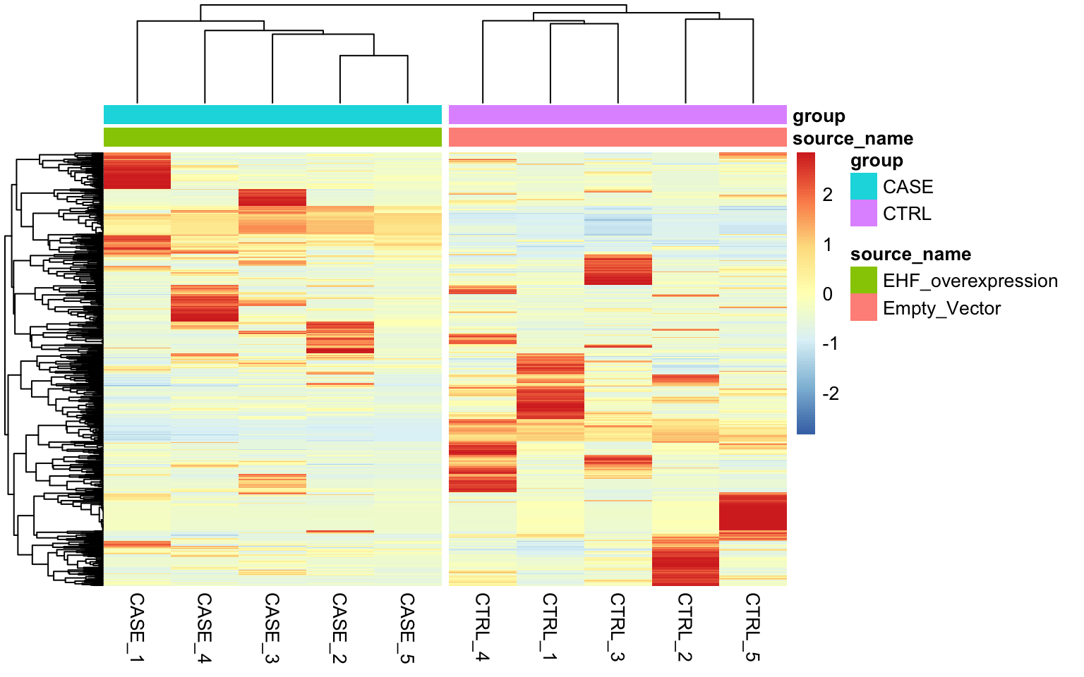 Clustering samples using the top 500 most variable genes normalized using RUVs (k = 2).