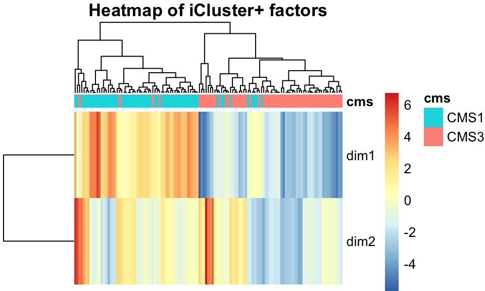 iCluster+ factors, shown in a heatmap, separate tumors into their subtypes well.