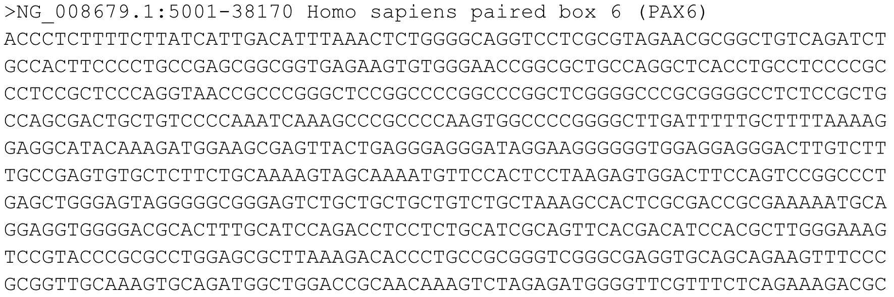 An example fasta file showing the first part of the PAX6 gene.