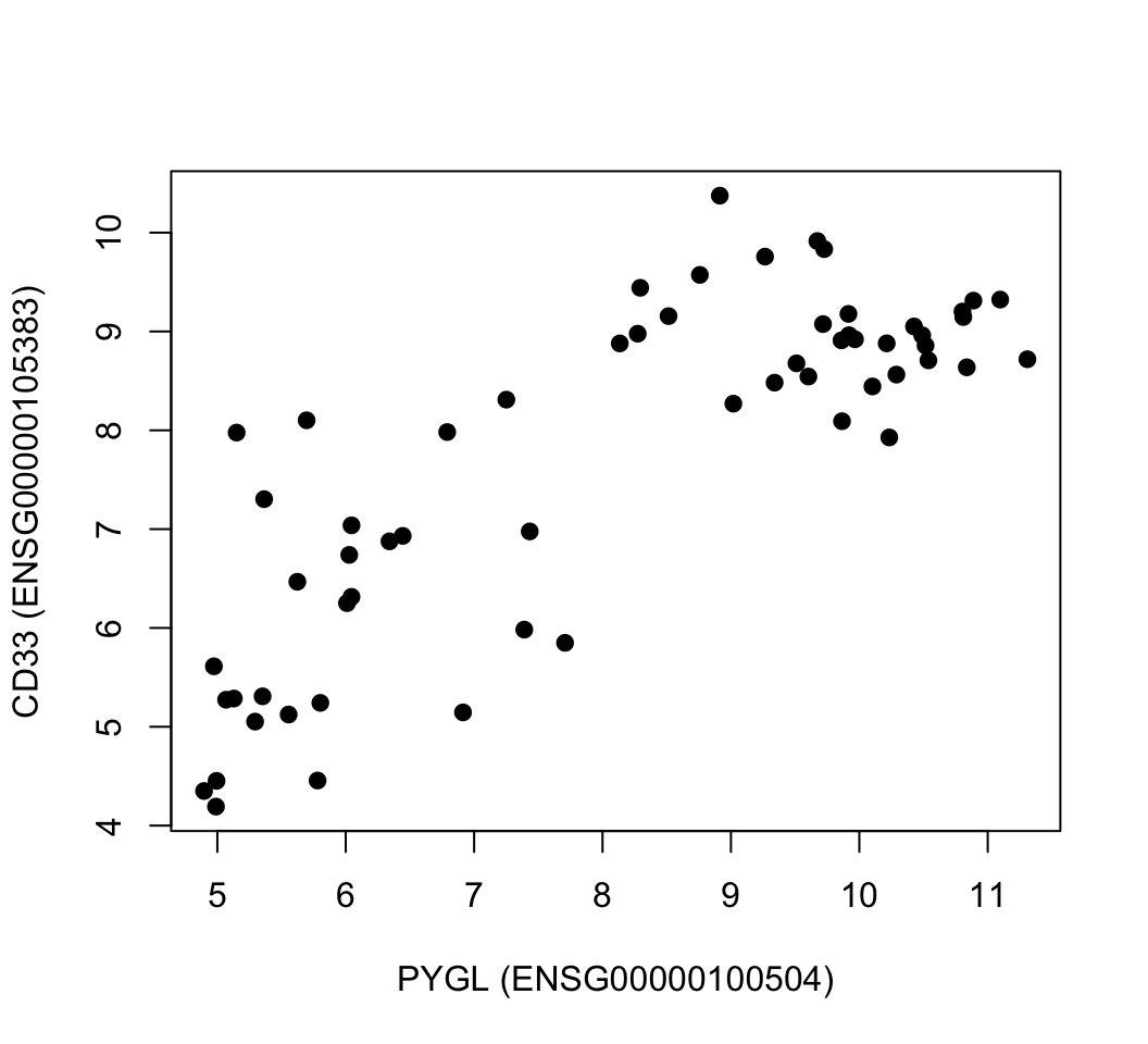 Gene expression values of CD33 and PYGL genes across leukemia patients.