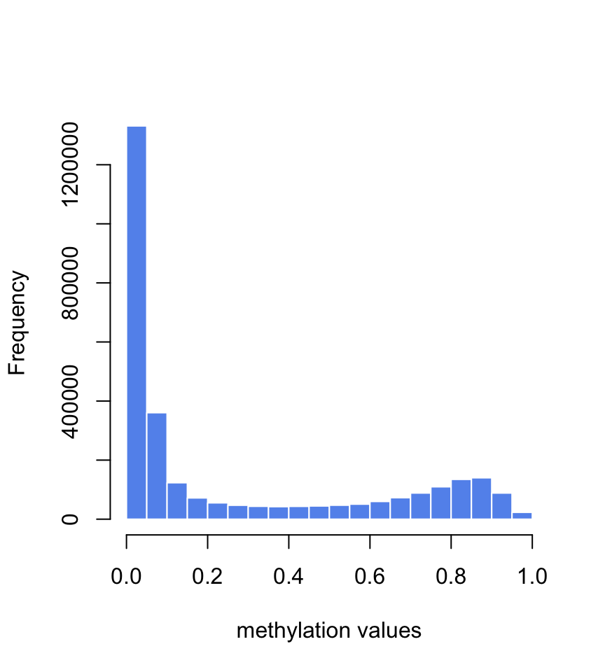 Histogram of methylation values in the training set for age prediction.