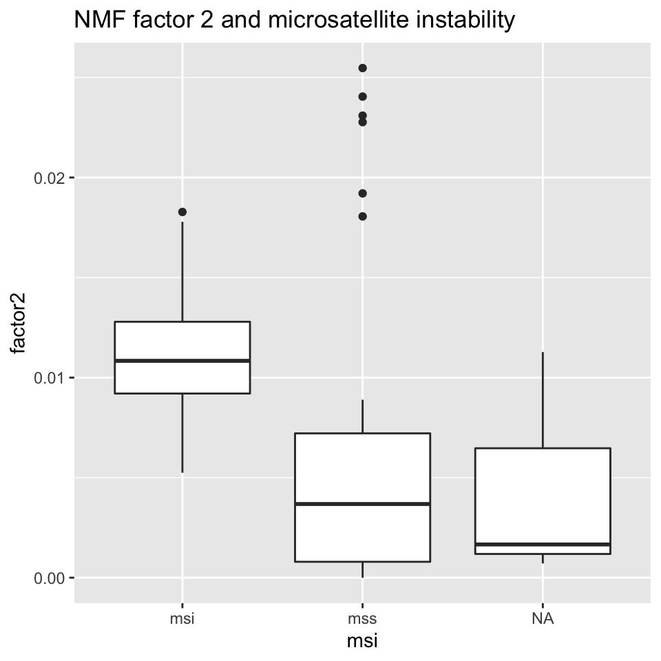 Box plot showing MSI/MSS status distribution and NMF factor 2 values.