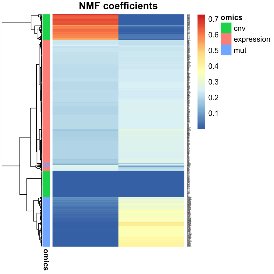 Heatmap showing the association of input features from multi-omics data (gene expression, copy number variation, and mutations), with JNMF factors. Gene expression features dominate both factors, but copy numbers and mutations mostly affect only one factor each.